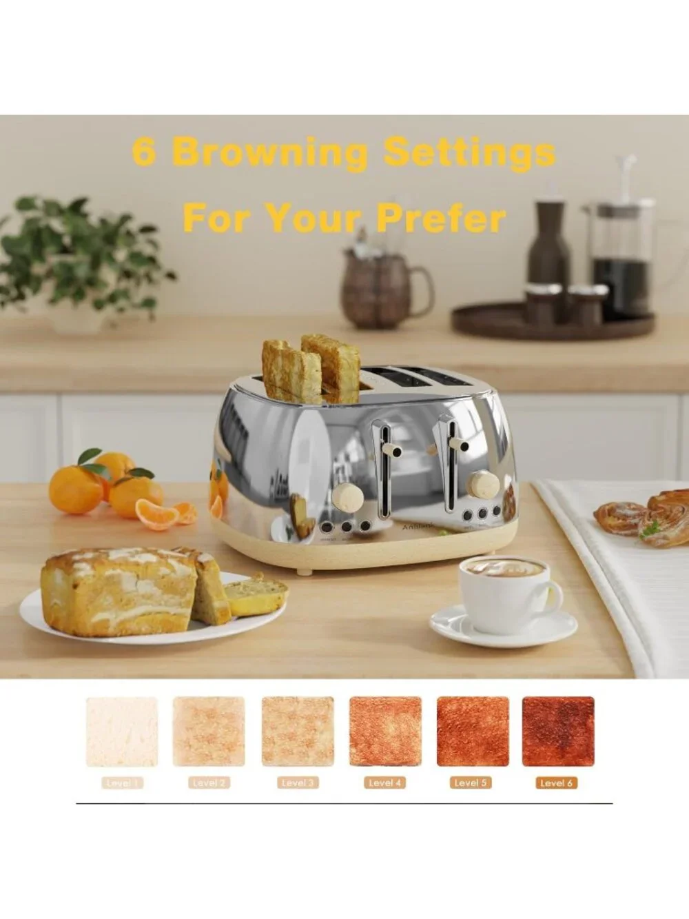 4 Slice Silver Defrost Retro Stainless Steel Extra Wide Slots Cancel Toaster